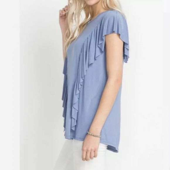 NEW Mittoshop Slate Blue Bamboo Ruffle Top - Picture 2 of 3
